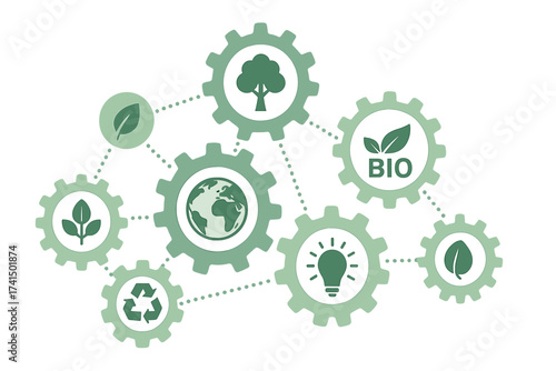 Ecology mechanism concept. Abstract vector background with connected gears. Icons for eco friendly, green energy, environment, nature, recycle, bio, and global sustainable development.