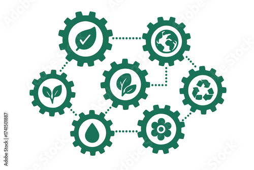 Ecology mechanism concept with connected gears and icons. Abstract background for eco friendly, energy, environment, green, recycle, bio and global concepts. Vector infographic.