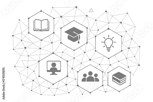 Education network concept. Elearning, knowledge, and global learning symbols. Abstract hexagon background with connected flat icons for university, online course, and webinar.