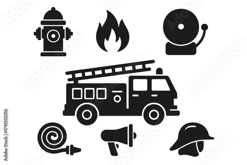 Firefighter equipment icon set. Fire department silhouette collection with fire truck, hydrant, hose, helmet, and alarm. Emergency rescue service vector symbols.