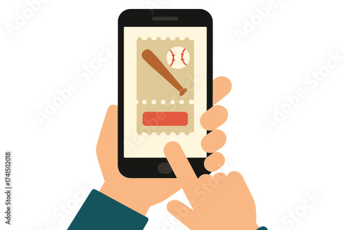 Concept of buying baseball tickets online. Hand holding smart phone with mobile app to buy or book a pass for a sports event. E-commerce. Flat vector design illustration.