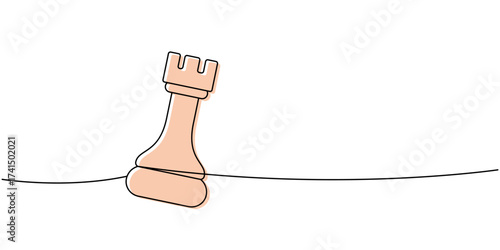 Linear minimalist outline of a light peach chess rook leaning on a line, clean abstract design of stability and defense
