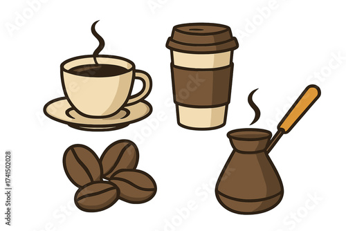 Coffee vector illustration icon set. Hot drink in cup, takeaway paper cup, coffee beans, and Turkish cezve. Elements for cafe menu, morning beverage, and barista concepts.