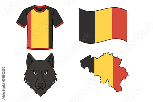 Belgium football team vector icon set. National soccer jersey, wolf mascot, country flag and map illustration. Belgian sport symbols for fans. Cartoon style symbols.