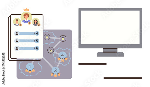 Leaderboard with ranking and avatars, task progression map interconnected with ratings, lock icons for security. Ideal for gamification, teamwork, productivity, education, strategy, goal tracking