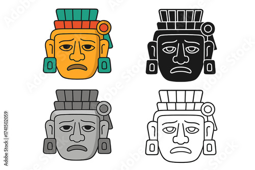Set of four Aztec or Mayan god masks with sad expressions. Vector illustration icon pack in color, black, grayscale, and outline. Ancient pre-Columbian culture symbol.