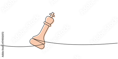 Linear minimalist outline of a light peach chess king leaning on a line, symbolic abstract design of leadership and victory