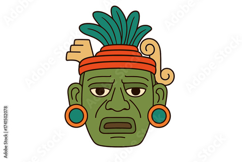 Aztec mask vector illustration. Mayan god face idol. Ancient Mesoamerican tribal sculpture. Pre-Columbian spiritual symbol. Traditional indigenous art for history and culture.