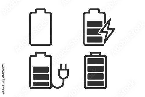 Battery charge level indicator icons set. Full and low energy status. Mobile phone power bar symbol. Electricity accumulator loading process vector illustration collection pack.