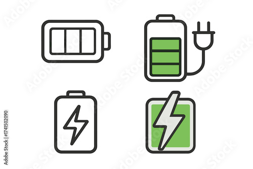 Battery charge status vector icon set. Collection of power level indicators. Full, low and charging battery symbols with plug and lightning bolt for mobile app interface UI.