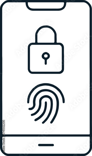 Outline icon of smartphone security with padlock and fingerprint scan representing privacy, biometric safety, and mobile access