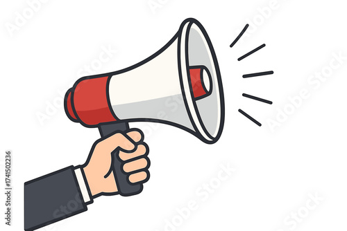 Hand holding a megaphone for advertising and marketing. Loudspeaker for announcements, promotions, or sales. Public speech, alert, or warning concept. Business communication vector.