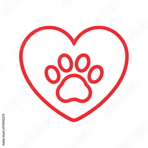 Vector illustration Red heart outline with paw print inside on white background animal