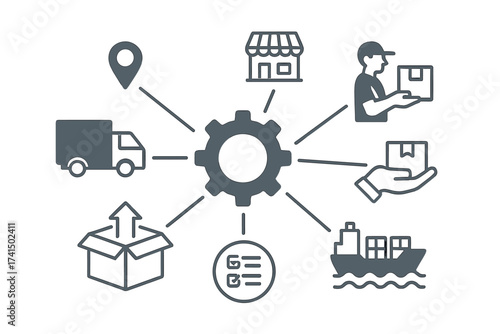 Logistic mechanism, supply chain management concept. Global distribution, delivery service, shipping, transport, e-commerce market. Freight, cargo, order fulfillment vector.