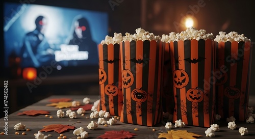 Popcorn in Orange & Black Bags for Halloween Movie Night. Festive, Spooky Party Snacks & Seasonal Trick or Treat.

