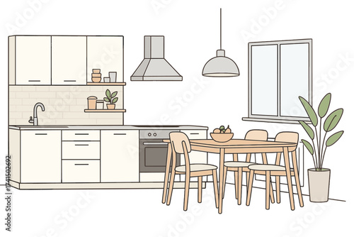 Modern kitchen and dining room interior. Vector illustration of home furniture. Cozy Scandinavian style apartment with table, chairs, oven. Line art for home decor design.