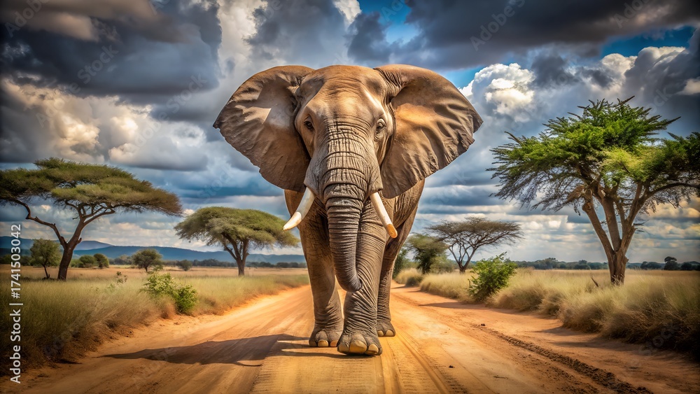 Fototapeta premium African Elephant Walking Down a Savanna Dirt Road Under a Dramatic Sky