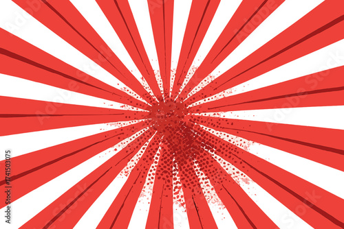 Red retro comic sunburst with halftone dot pattern. Pop art style radial rays background. Vintage Japanese rising sun graphic element. Vector illustration on a transparent background.