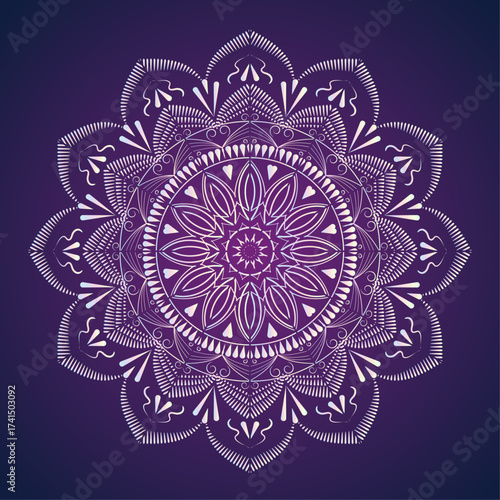 Elegant White Mandala Vector Design on a Deep Blue Background. Intricate ornamental pattern with subtle gradients, perfect for spiritual concepts, luxury invitations, yoga branding.