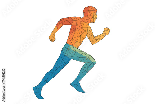 Running man low poly vector. Abstract geometric runner silhouette. Triangulation polygon art. Sport fitness concept. Digital technology gradient design. Athlete marathon sprint.