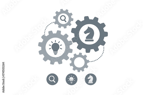 Business mechanism with gears and cogs. Strategy, research, innovation concepts. Workflow process metaphor. Lightbulb idea, chess knight tactic, search icon. Teamwork system.