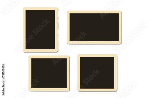 Collection of retro photo frames. Vintage picture border set for scrapbooking. Empty instant photograph template. Nostalgia memory album element. Vector mockup illustration.