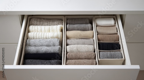 Organized drawer storage with neatly folded socks in neutral tones