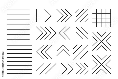 Simple geometric vector line pattern on white background, minimalistic abstract line art, transparent background, ordered set of linear design elements for modern projects