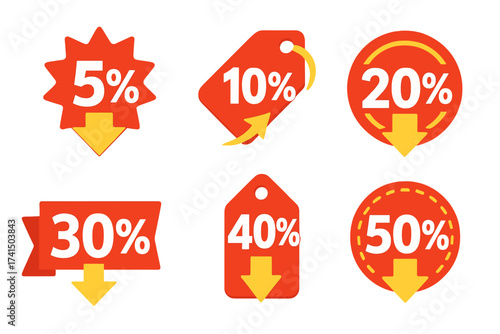 Super sale discount percent symbols 5%, 10%, 20%, 30%, 40%, 50% off special offer labels, shopping price tags, retail clearance vector illustration set with transparent background