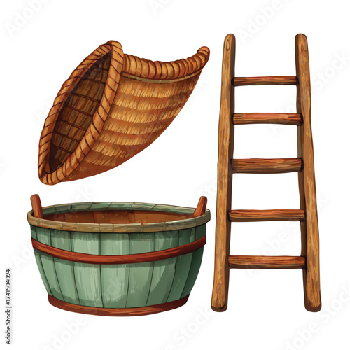 Vector illustration Woven basket wooden tub and ladder on white background
