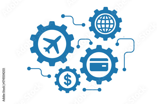 Travel mechanism concept with connected gear icons including airplane, globe, credit card, and dollar sign. Abstract interactive illustration of finance, banking, and global travel technology system.