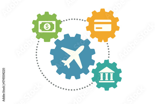 Travel mechanism concept with interconnected gears and flat icons representing money, credit card, bank, and airplane, abstract background for finance and travel industry