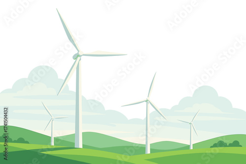 Wind turbine farm landscape with green rolling hills and clouds, renewable energy vector illustration with transparent background, eco-friendly clean power concept design