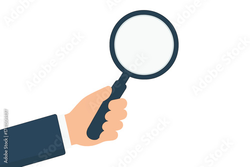 Hand holding magnifying glass vector illustration in flat design, transparent background, close-up search tool, business investigation, discovery and analysis concept