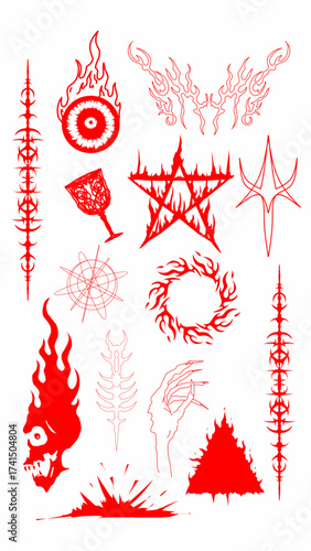 Occult red sigil vector set in flame and geometric style. Dark mystical symbols for t-shirt prints, stickers, posters, or tattoo design.