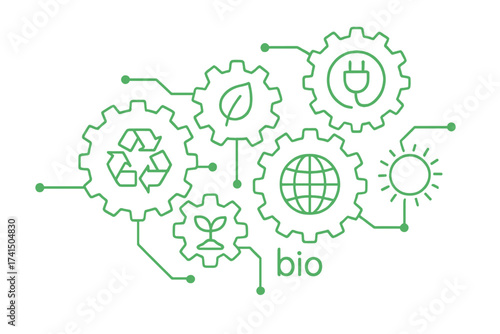 Ecology mechanism concept with gears and icons. Eco friendly, sustainable energy, environment, green, recycle, bio, global concepts. Vector line art background illustration.