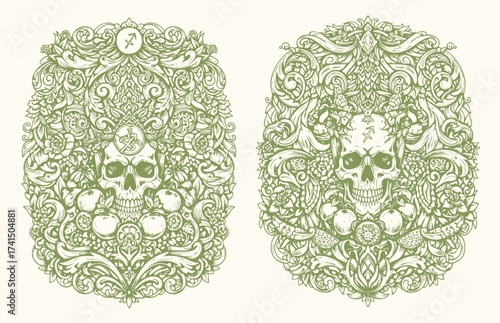 Detailed vintage engraving of skull with cobra, crown, and esoteric alchemy symbols, ornate floral mystical composition.