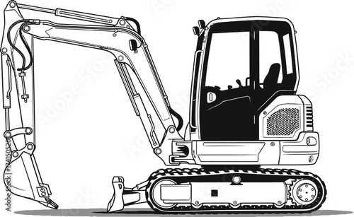 Clean Black and White Mini Excavator Vector Isolated white background 