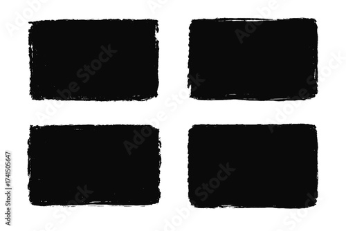 Set of grunge rectangle shapes. Black painted vector frames. Distressed brush stroke borders collection. Vintage textured banners isolated on transparent background. Ink splash.