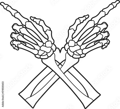 Two skeletal hands, crossed, point in opposite directions, creating an X shape 