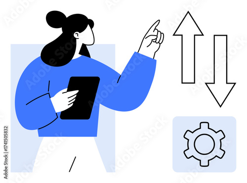 Woman holding tablet, pointing at upward and downward arrows beside gear icon. Ideal for settings, management, workflow, process improvement, decision-making, business growth, simple landing page