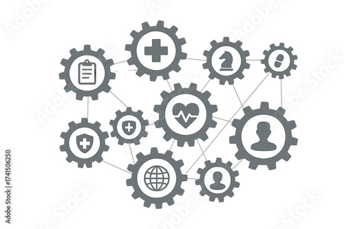 Health care system concept. Interconnected gear mechanism with icons for medical services, patient data, insurance, pharmacy, global network, and strategic planning. Infographic.