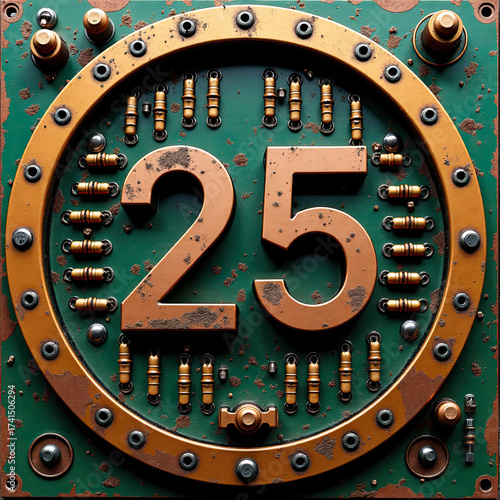 Grungy copper 25 on a riveted, worn green and gold metal plate