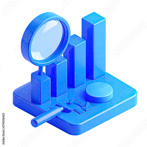 3D graphic of a magnifying glass over bar graphs, suggestive of data analysis