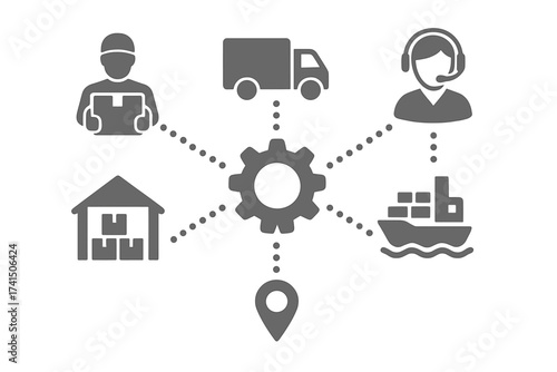 Logistic mechanism concept with connected gear and icons. Distribution, delivery, shipping, and transport network. Supply chain management for market and e-commerce service.