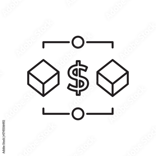 Editable stroke line icon featuring a dollar sign between cubes, representing finance, blockchain, and crypto innovation. Ideal for websites, apps, branding, and tech marketing.