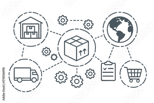 Logistics supply chain management. Global distribution network for shipping, transport, delivery service. Warehouse storage, order fulfillment, e-commerce, international freight.