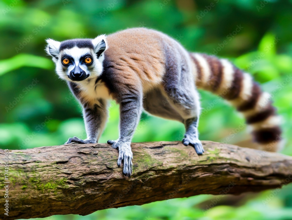 Fototapeta premium Curious Lemur on a Branch in Tropical Green Jungle Environment
