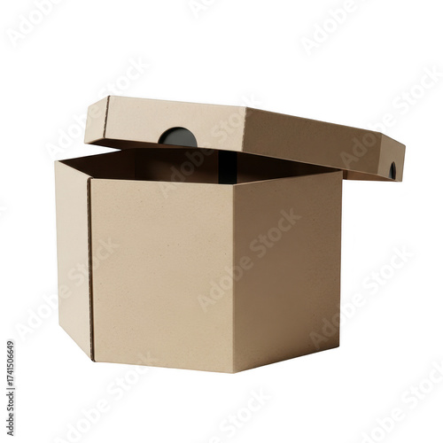 Open cardboard hexagonal box with lid showing contents inside isolated on black illustration