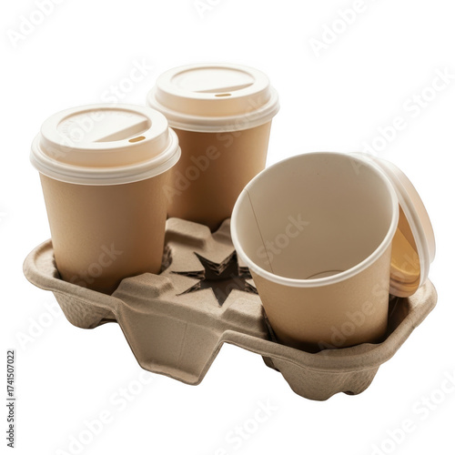 Disposable paper coffee cups with lids on cardboard tray ready for takeaway service illustration